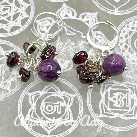 Dark red garnet purple turquoise and silver confetti chandelier earrings - Picture 1 of 5